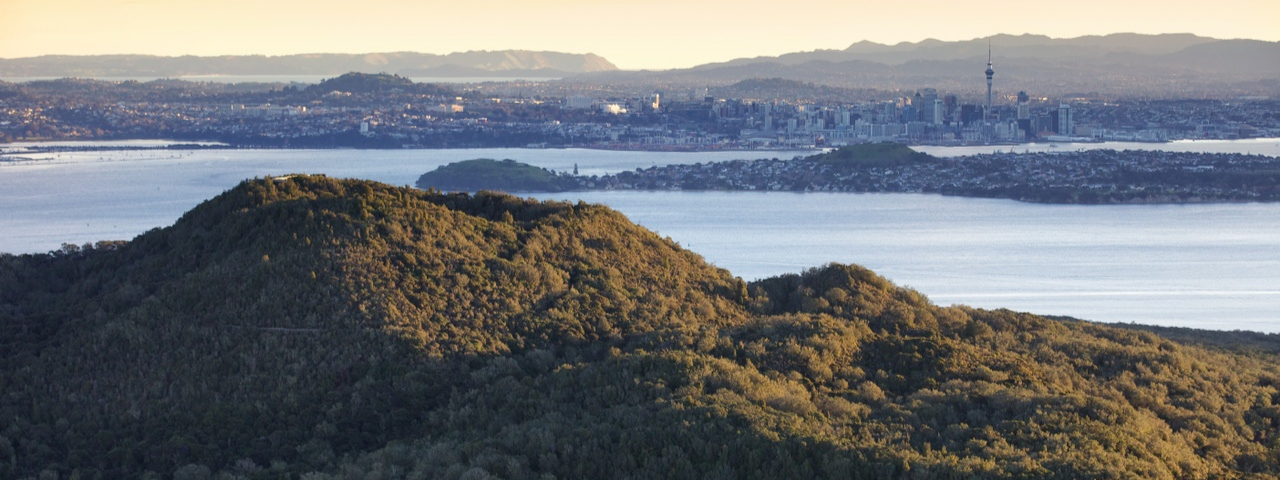 Aerial view over Rangitoto to Auckland city