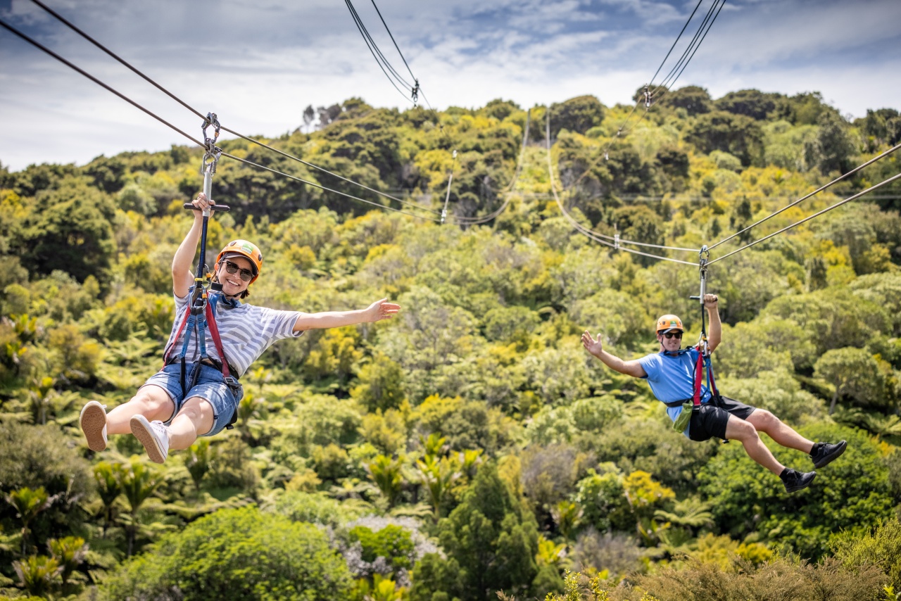 A happy couple zipline over native bush