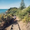 A woman walking down steps on a scenic walking trail at Oneroa Bay on Waiheke Island