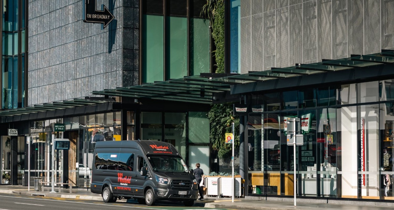 Westfield Newmarket hero banner new Westfield Newmarket hero banner exterior with shuttle bus parked in front